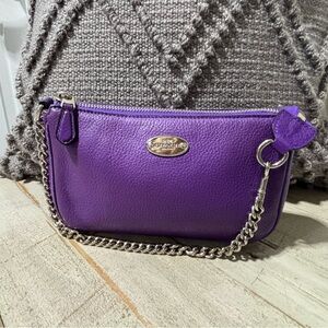 Coach Purple Leather Wristlet Clutch with Silver Chain